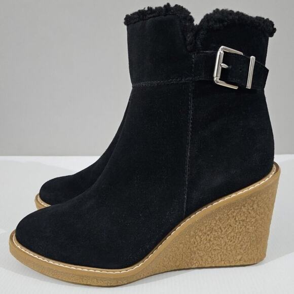 NEW Franco Sarto Ulayna Ankle Bootie Womens 11 Black Suede Wedge Cozy Shearling - Picture 1 of 16